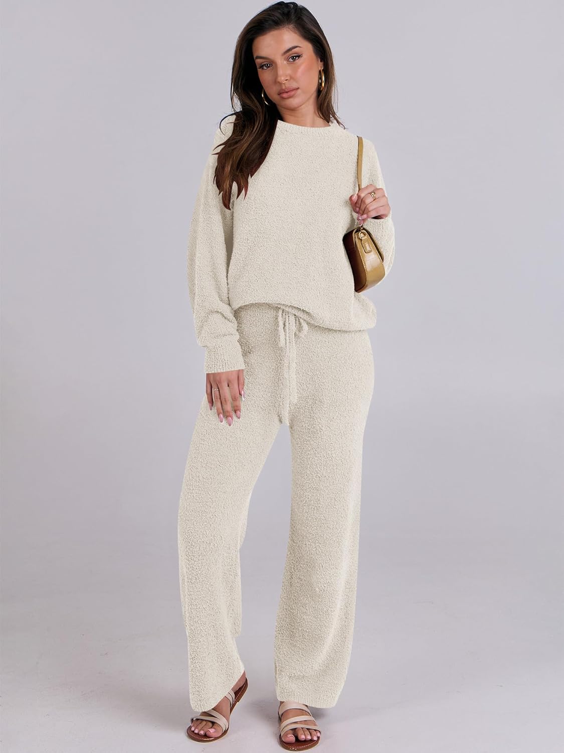 ANRABESS Women's Fuzzy Fleece Pajama Set - Cozy Long Sleeve Top & Wide Leg Pants | Fall/Winter 2025