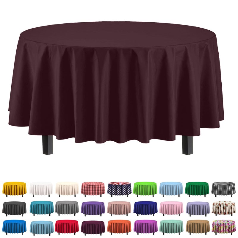 Exquisite Party Solids 6-Pack Premium Plastic Tablecloth 84in. Round Plastic Table Cover - Brown