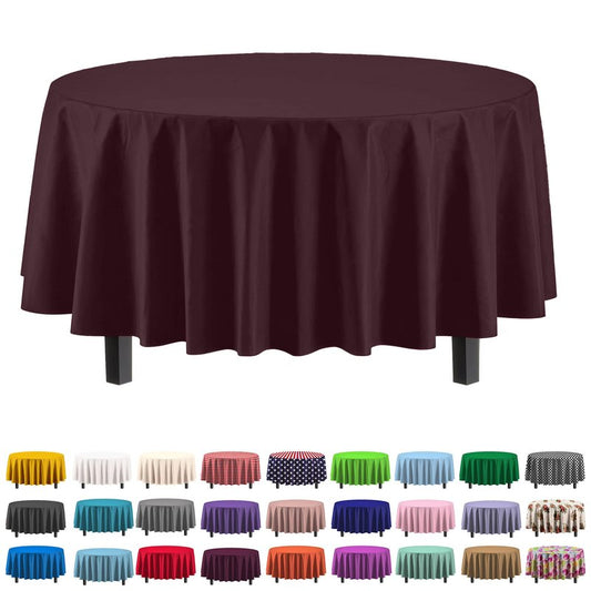Exquisite Party Solids 6-Pack Premium Plastic Tablecloth 84in. Round Plastic Table Cover - Brown