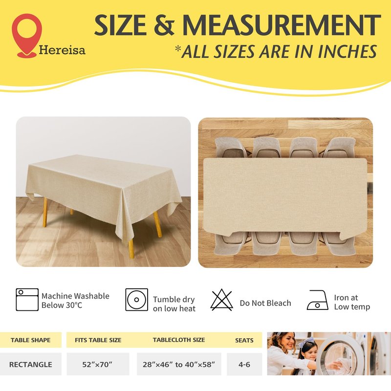 Hereisa Linen Textured Rectangle Tablecloth, Waterproof & Stain Resistant Fabric Table Cloth, Wrinkle Free Linen Dining Decorative Farmhouse Table Cover for Dining/Buffet/Wedding, 52 x 70 Inch, Beige