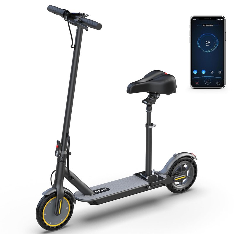 NAVIC Electric Scooter, Folding E Scooter for Adults with Seat, 8.5" Solid Tires, 350W Motor, Max Speed Up to 16MPH, 21 Miles Long-Range, Portable Commuting Scooter with Double Braking, APP