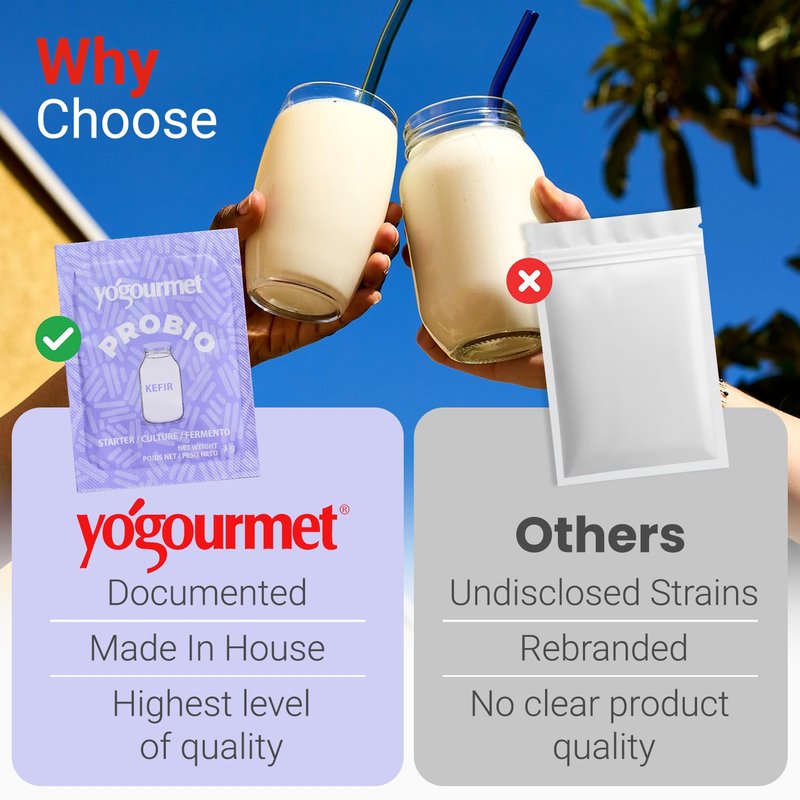 Yogourmet Kefir Starter with Probiotics (6 Sachets = 6 Quarts of Kefir) - Make Kefir at Home - Starter Culture - All Natural, Gluten Free, Kosher, Halal - 3 g Sachets
