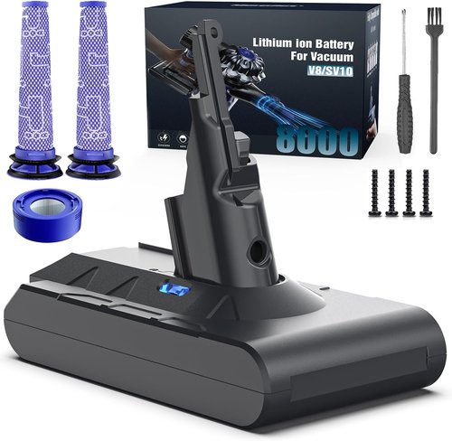 Dyson Battery Replacement - 21.6V 8000mAh Li-ion for V8 Animal, Absolute, Motorhead & Fluffy | Includes 2 Filters