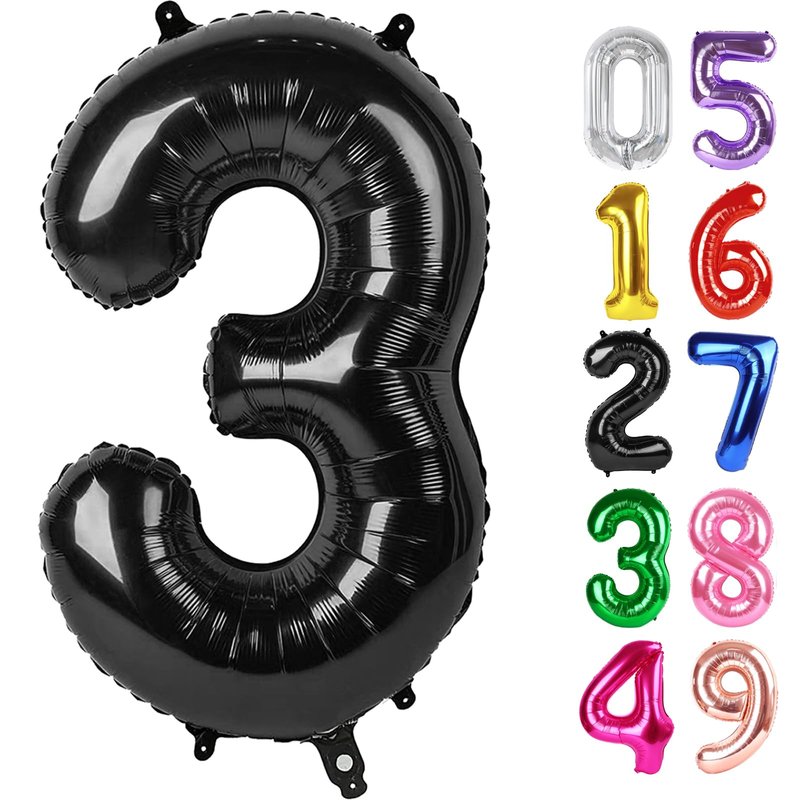Black Number 3 Balloon 40 Inch, 3rd Birthday Celebration Supplies for Girls Boys Women Men, 3 Balloon for Girls Boys Theme Party