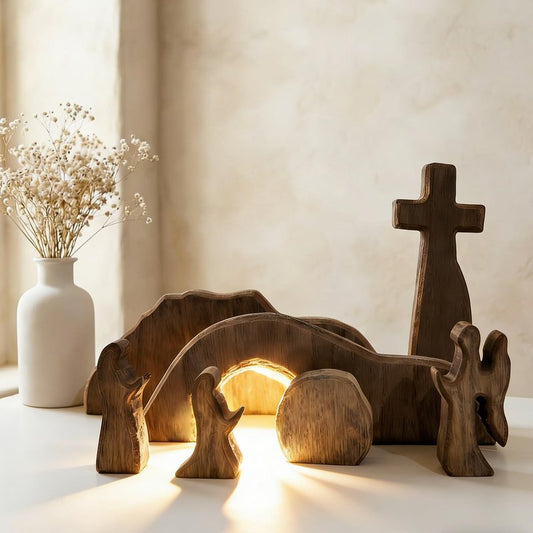 FESTGLOX Empty Tomb Easter Scene for Christian Decoration, Wooden Easter Resurrection Scene with Cross for Religious Display, Nativity Jesus Tomb Set for Home Office Tabletop Tray, Shelf Decor