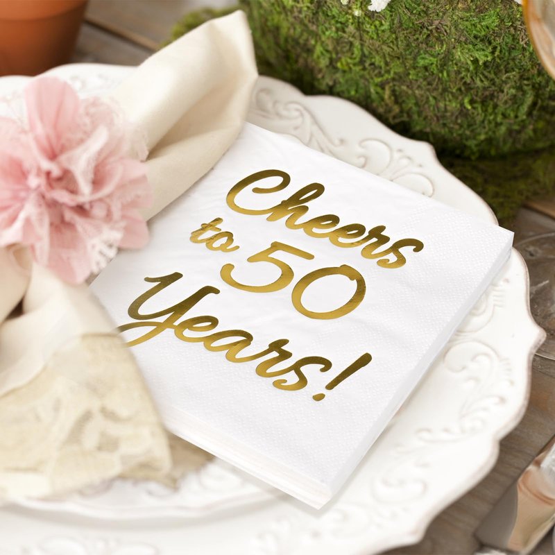 50th Birthday Decorations Men Women Party Supplies Cocktail Napkins Disposable 50th Birthday Wedding Anniversary Party Napkins Paper Beverage Napkins 50 Pack,5"x 5",Cheers to 50 Years White and Gold