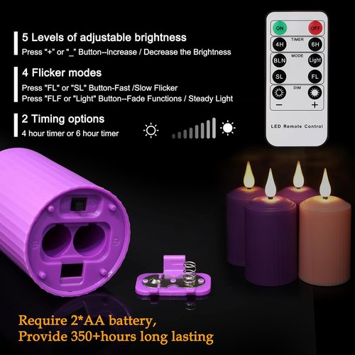 Daord D2 x H4 Advent LED Candles - Set of 4 Flameless Pillar Candles in Purple & Pink for Christmas Decor