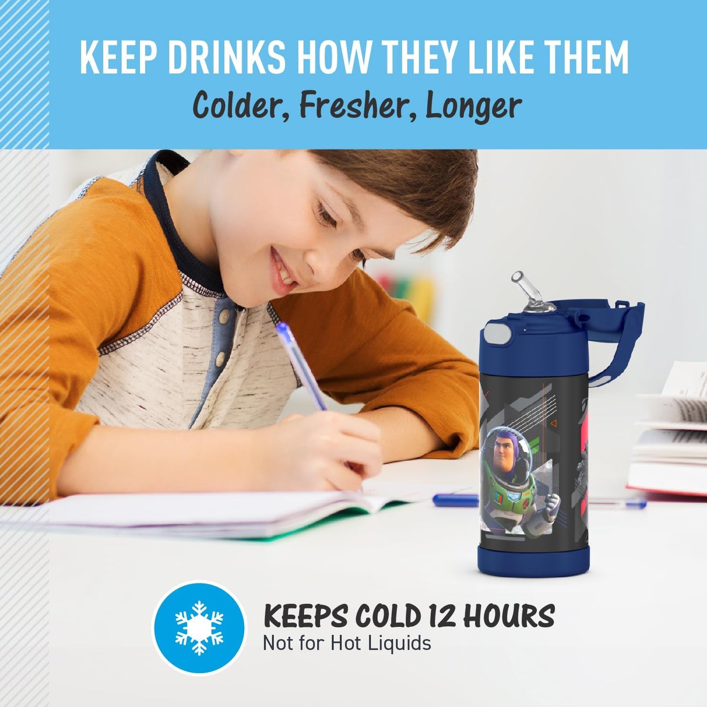 THERMOS FUNTAINER Water Bottle - 12 Ounce Stainless Steel Vacuum Insulated Kids Bottle with Straw | Lightyear Design