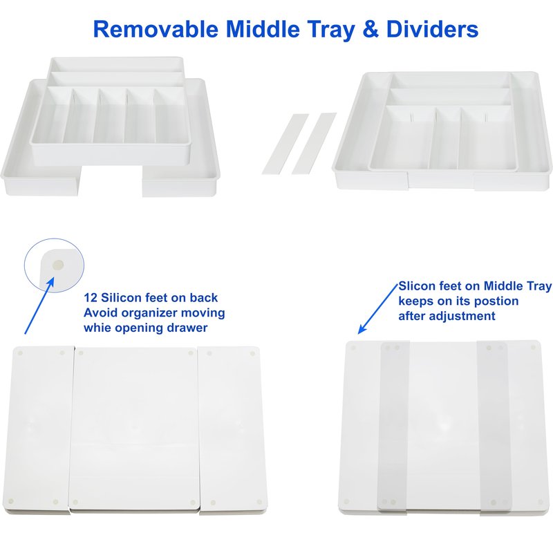 Simple Houseware Expandable & Adjustable Cutlery Drawer Organizer - Large Utensil and Flatware Tray for Kitchen Drawers, White