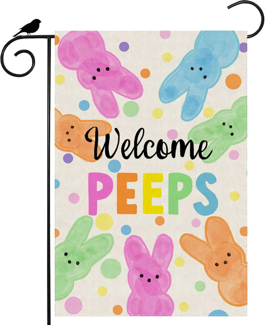 Welcome Easter Garden Flag - Colorful Dots Cute Bunny Watercolor Design | 12x18 Inch Double-Sided Decoration