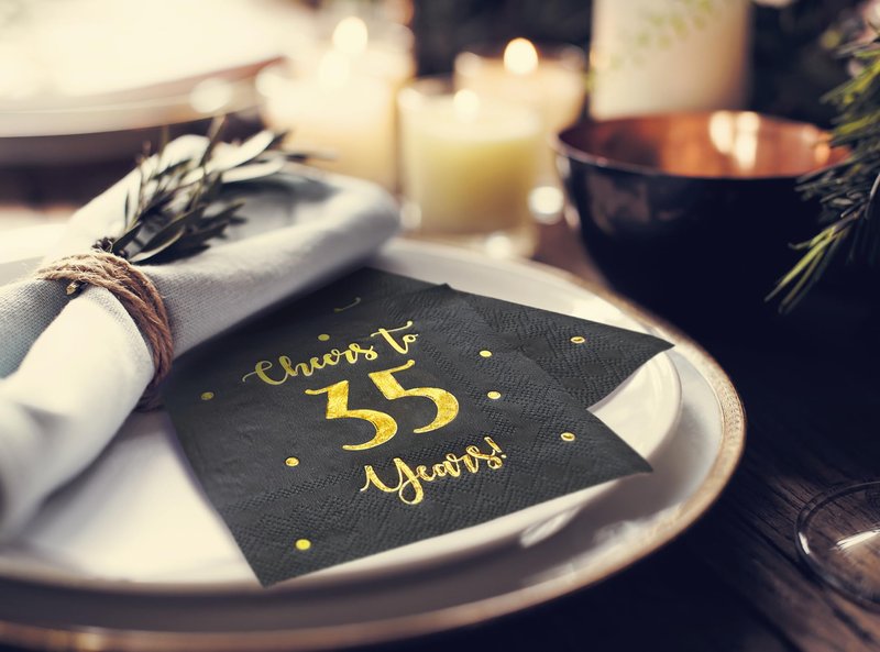 Cheers to 35 Years Cocktail Napkins | Happy 35th Birthday Decorations for Men and Women and Wedding Anniversary Party Decorations | 50-Pack 3-Ply Napkins | 5 x 5 inch folded (Black)