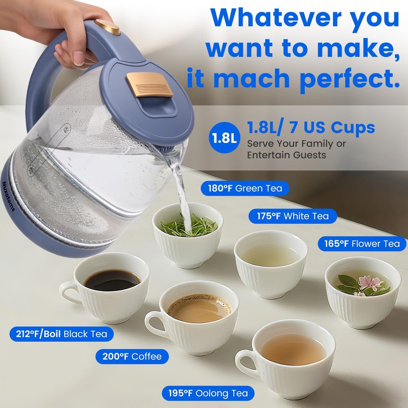 Nuxatoms Glass Electric Kettle, No Plastic Contact With Water, 1.8L Electric Tea Pot, Automatic Shut-off, Borosilicate glass Visual Boiling, Water Heater & Teapot Perfect For Tea & Coffee