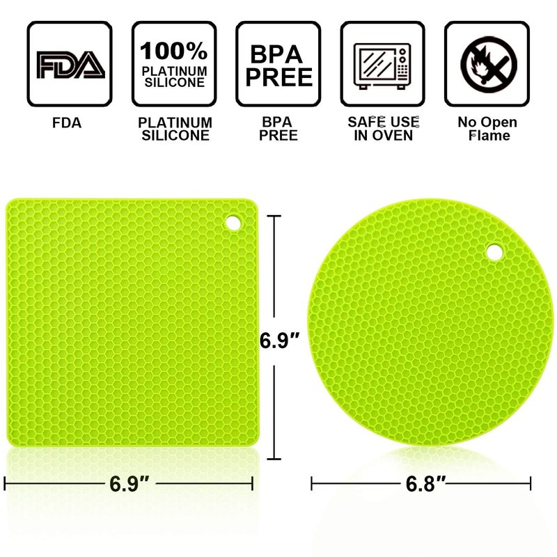 Walfos Silicone Trivet Mats - 4 Heat Resistant Pot Holders, Multipurpose Non-Slip Hot Pads for Kitchen Potholders, Hot Dishers, Jar Opener, Spoon Holder, Food Grade Silicone & BPA Free (Green)