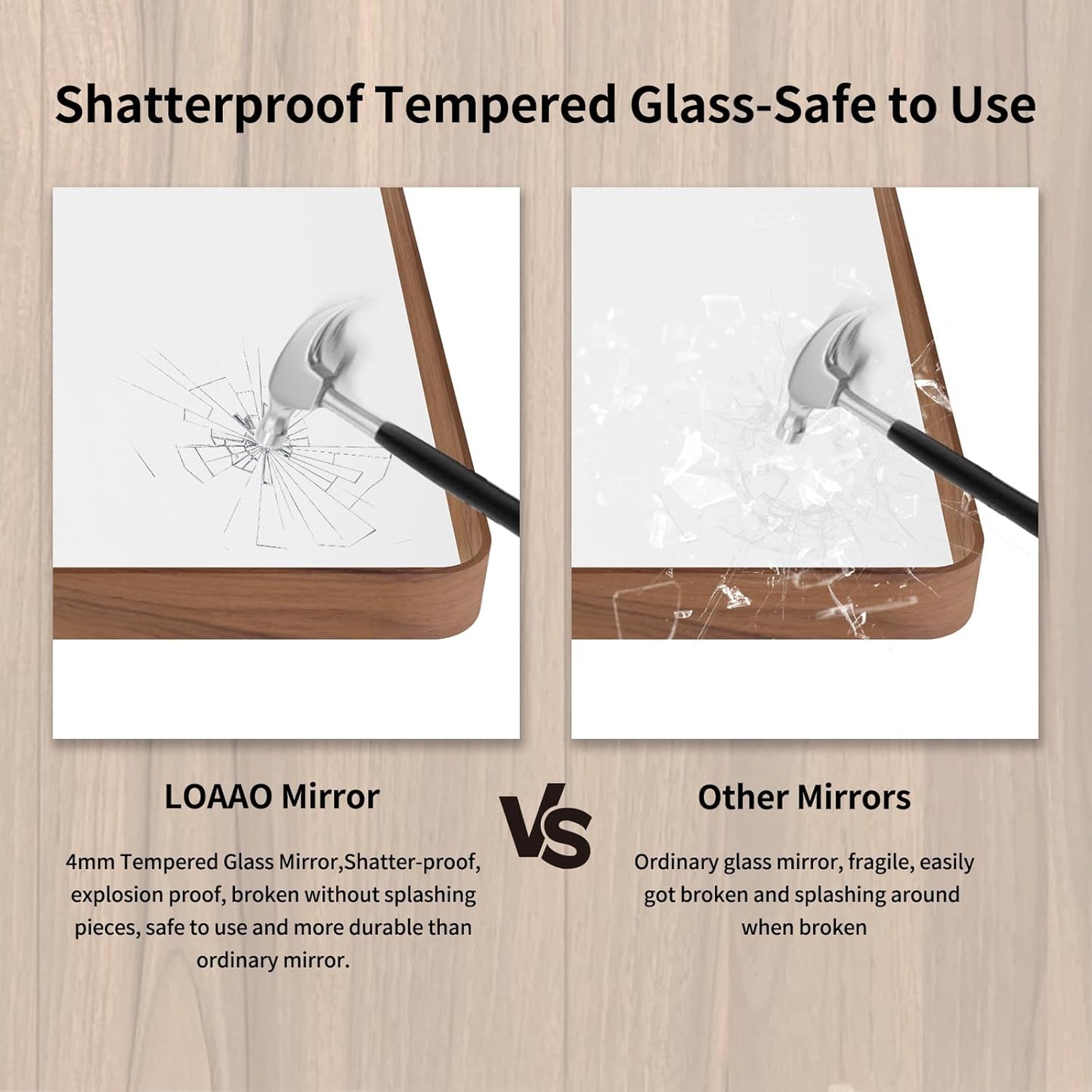 LOAAO Bathroom Mirror - 55x36 Inch Rounded Rectangle with Wood Grain Metal Frame | Anti-Rust, Versatile Hanging Options