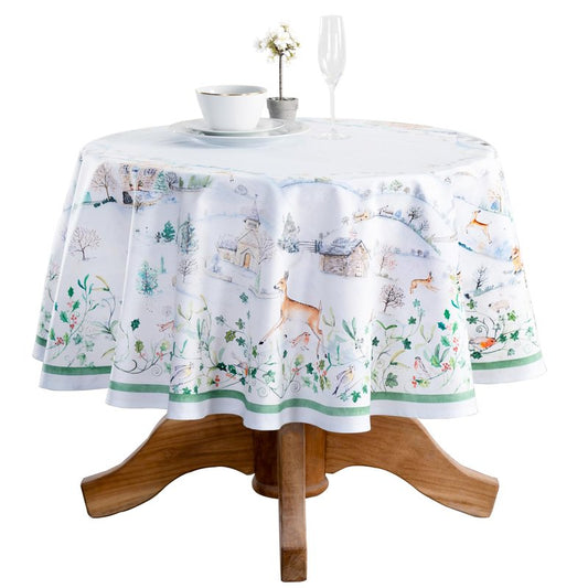 Maison d' Hermine Table Cloth Round Table 100% Cotton 63 Inches Fall Tablecloth Reusable Everyday Use for Thanksgiving Christmas Decorations Dining Farmhouse Party (Snowy World)