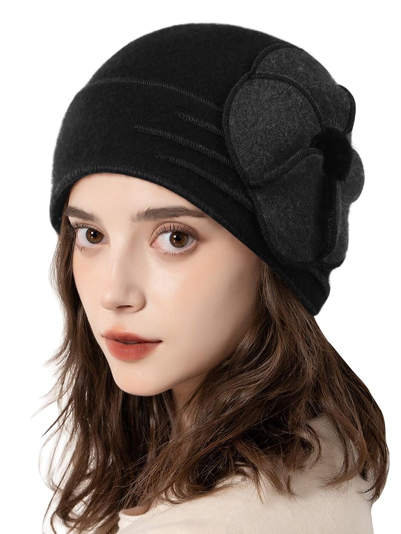 Sumolux Beanie Hats for Women Wool Skull Cap Beret Floral Cuffed French Vintage Dress Cloche Classic Winter 1920s Black Grey