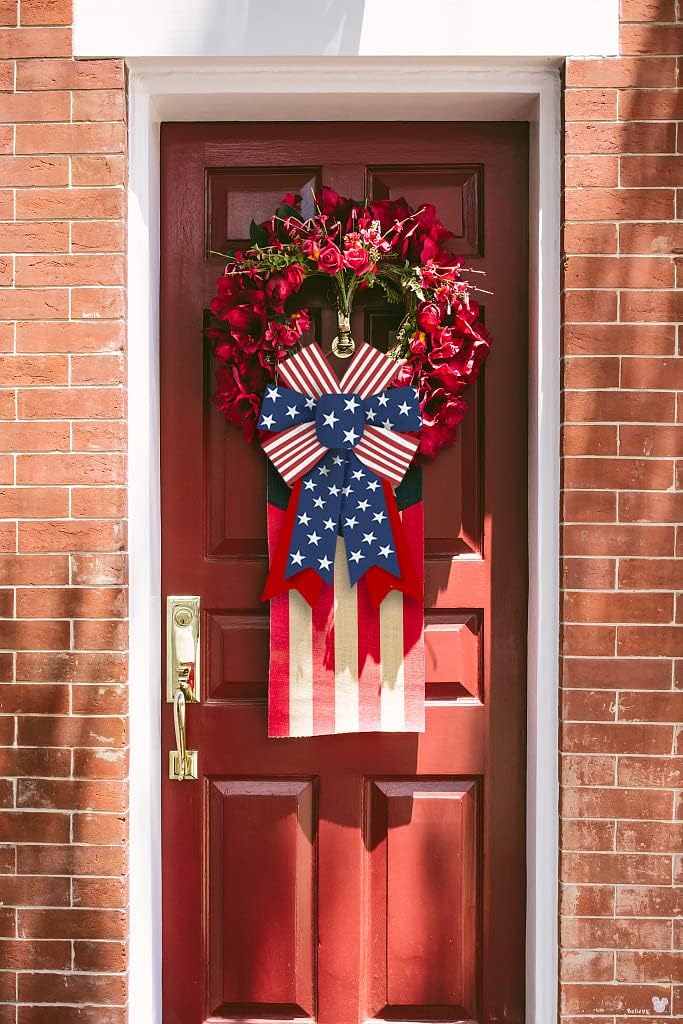 Threetols Patriotic Wreath Bows - 2pcs Red, White & Blue Burlap Bows for Memorial Day & 4th of July Decor