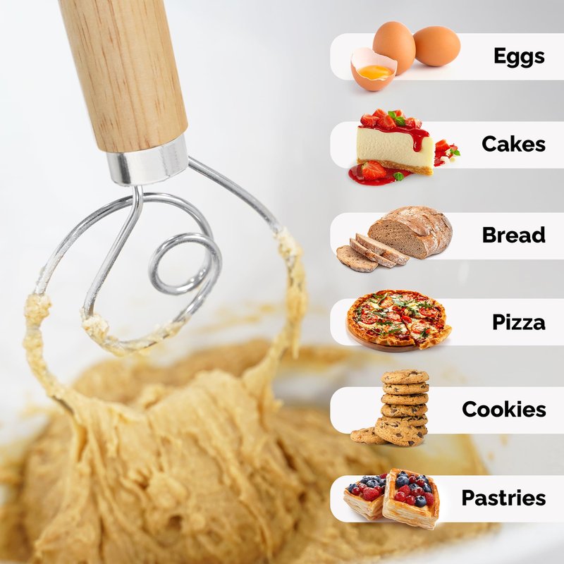 Zulay Kitchen 13-Inch Danish Dough Whisk - Stainless Steel Wooden Whisk with Dough Hook - Sourdough Whisk for Bread, Pizza, Pastry, Cake Batter & More - Wood