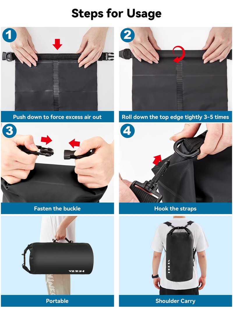 HEETA Waterproof Dry Bag for Women Men, Roll Top Lightweight Dry Storage Bag Backpack with Emergency Whistle for Travel, Kayaking, Boating, Camping, Beach, Cruise Ship Essentials (Black, 20L)
