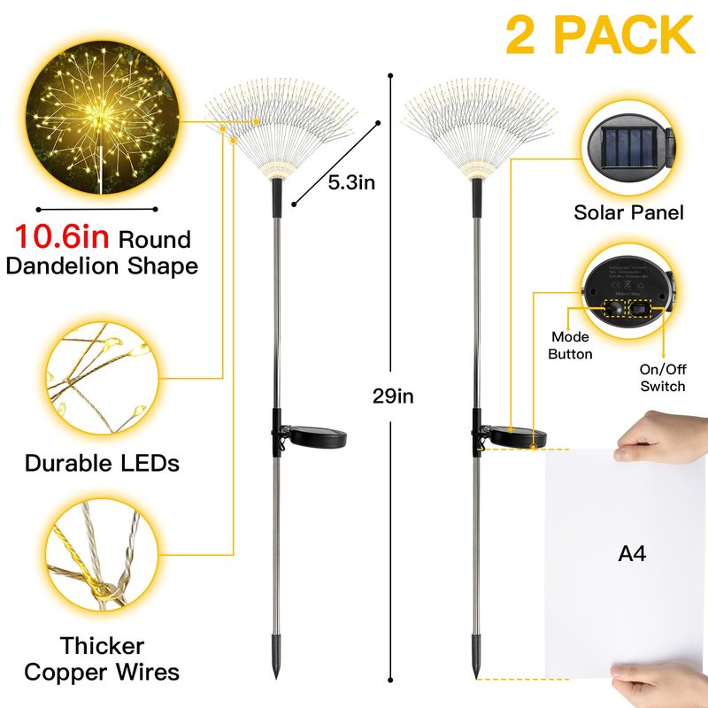 suddus Solar Garden Lights Outdoor Waterproof Decorative, 2Pack 150LED Firework Lights, Solar Fairy Lights for Yard, Garden, Party, Patio, Pathway, Flowerbed - Warm White