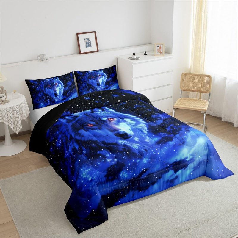 Feelyou Wolf Comforter Set Twin Size Wolves Howling Comforter for Boys Girls Teens Animal Wolves Bedding Set Mountain Moon Wolf Duvet Set Room Decor Ocean Blue Quilt Set