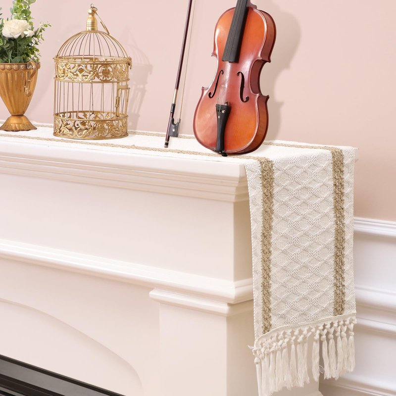 OTOSTAR Boho Table Runner with Tassels 48 Inches Long Farmhouse Rustic Table Runner Macrame Burlap Table Decoration for Home Decor Living Room Bridal Shower, Double Striped (12x48 Inches)