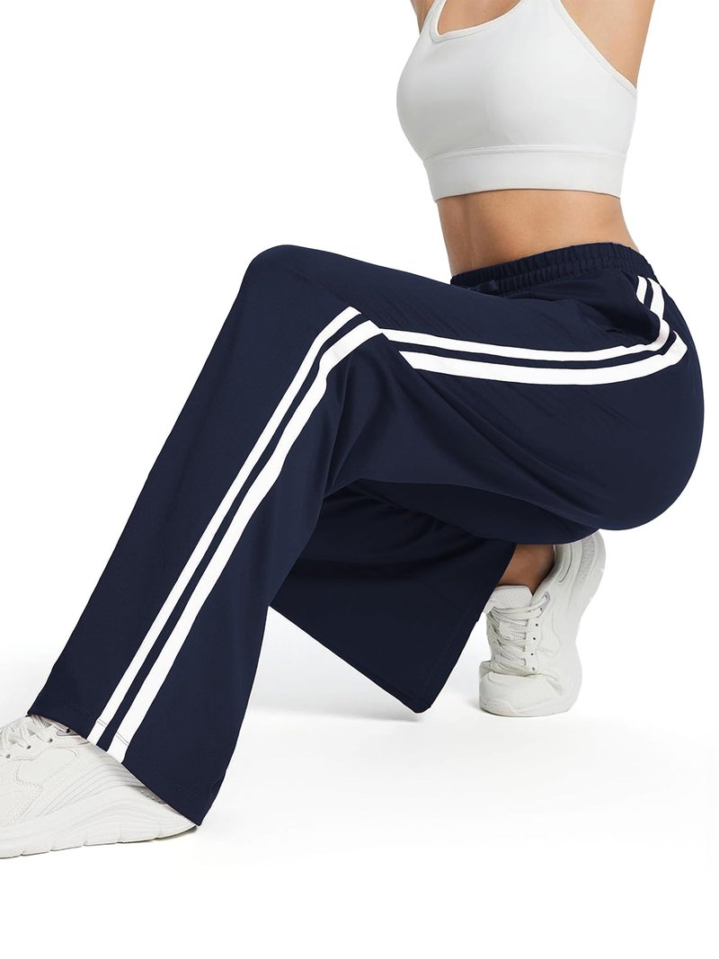 Tapata Extra Tall Woman 36" Inseam Stripes Sweat Pant High Waisted Drawstring Gym Exercise Lounge Joggers, Navy Blue, M