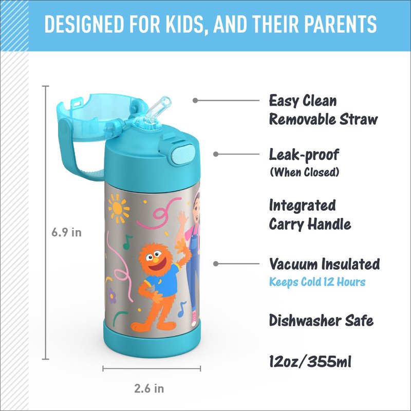 THERMOS FUNTAINER Water Bottle with Straw - 12 Ounce - Kids Stainless Steel Vacuum Insulated Water Bottle with Lid, Ms. Rachel