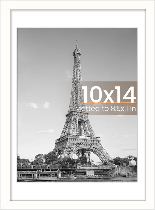 Upsimples 10x14 Picture Frame - Versatile Display for 8.5x11 Photos with Mat or 10x14 Without | White, 1 Pack
