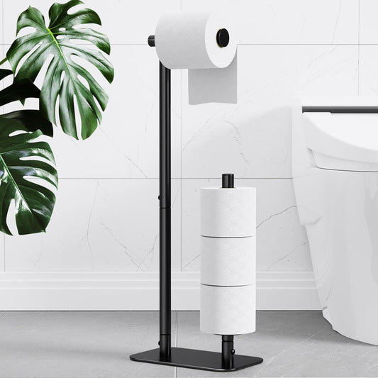 Kitsure Toilet Paper Holder - Free Standing, Rustproof Design for 4 Rolls, Non-Slip Stable Base | Black Medium