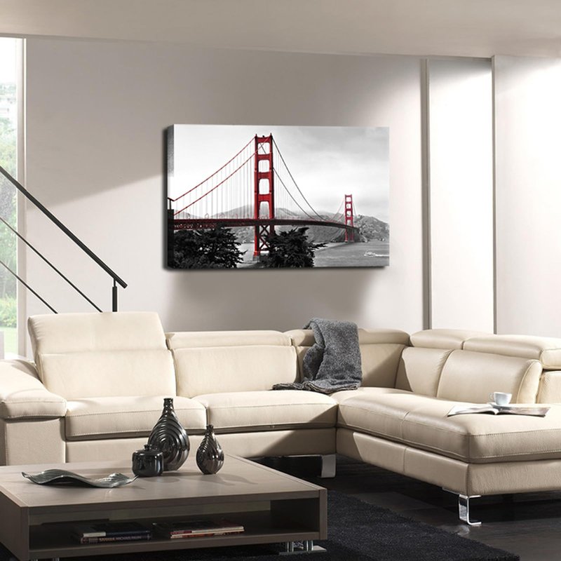 LevvArts Golden Gate Bridge Canvas Wall Art San Francisco Bridge Picture Painting Modern Black and White Red Home Wall Decoration -24"x 36"