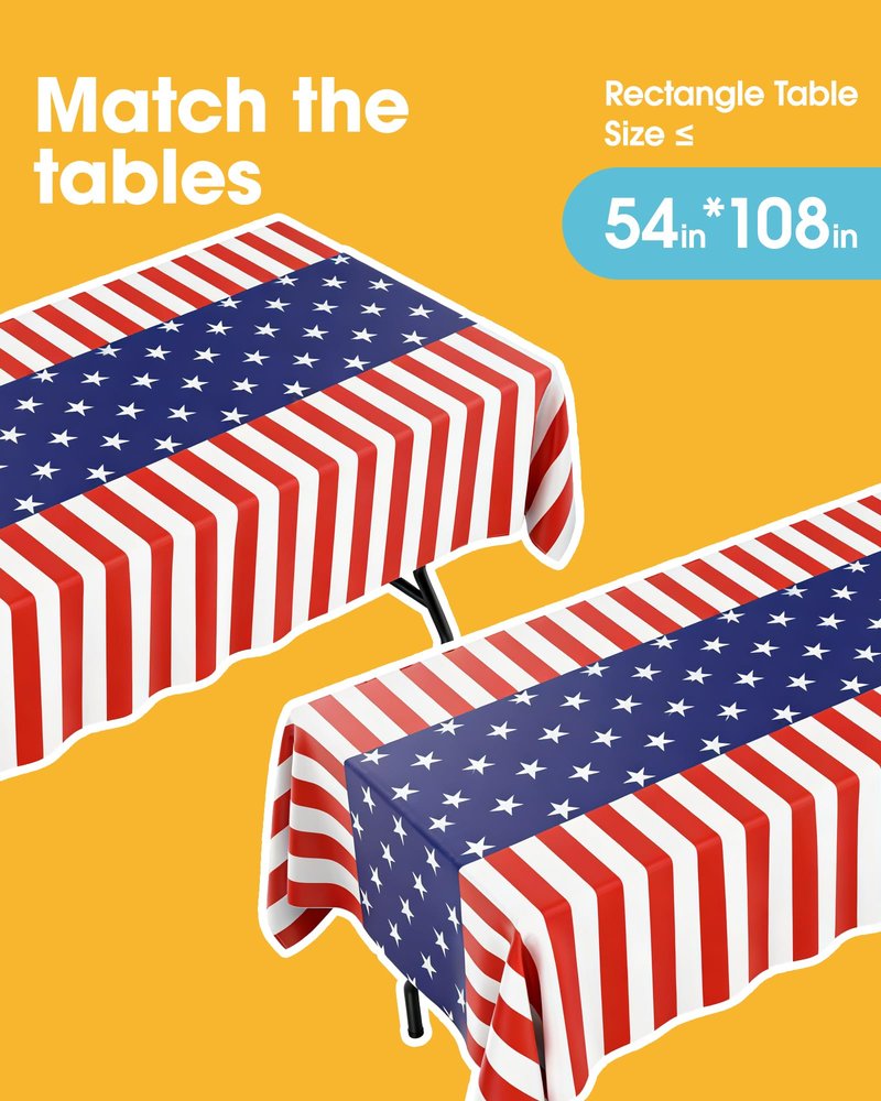 Niuara American Flag Tablecloth – 4 Pack 54" x 108" Disposable Patriotic Tablecloths for 6FT Tables, 4th of July Decorations, Independence Day & Memorial Day Party Supplies