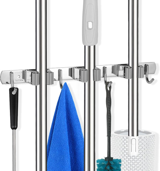 Voze Mop and Broom Holder - 3 Racks & 4 Hooks, Heavy-Duty Self-Adhesive Organizer for Home & Garage