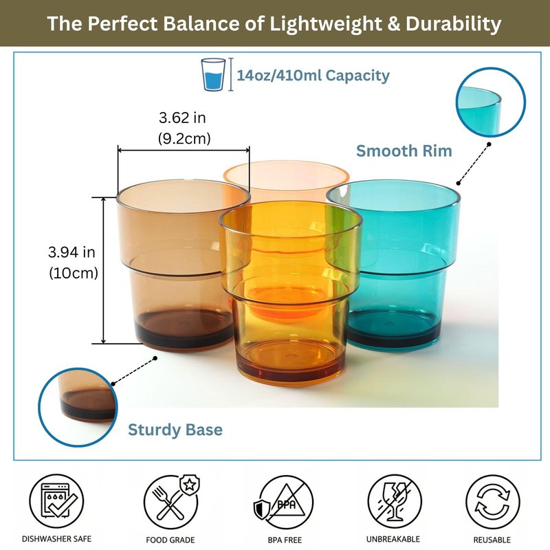 WowProLiv 14 oz Plastic Stackable Drinking Tumblers, BPA-Free, Dishwasher Safe, Durable Shatterproof Reusable Kid Cups, Everyday Water/Juice Glasses for Indoor/Outdoor (Set of 8, Gift Box)