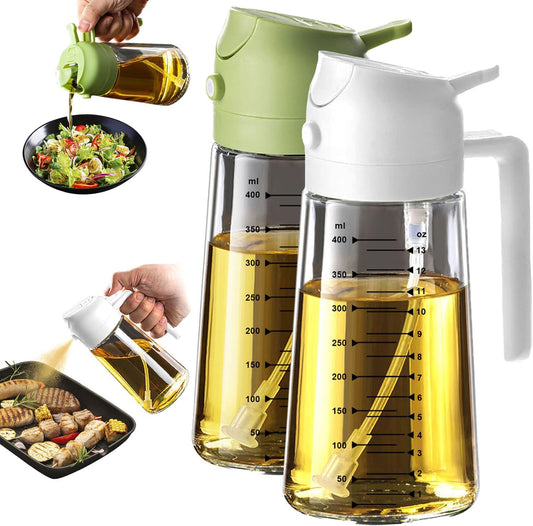 TrendPlain 16oz Glass Olive Oil Sprayer - 2-in-1 Dispenser Bottle for Cooking & BBQ - White & Green