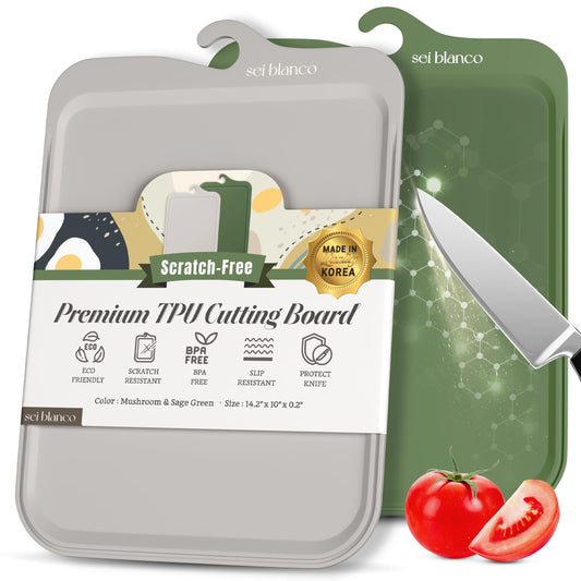 Premium Korean TPU Cutting Board Set of 2 - Non Scratch 13.8" x 9.8" Silicone Like Flexible Cutting Board for Meat - 5mm Thick and Durable - Dishwasher Safe - Non Slip Surface - Sleek Hanging Design