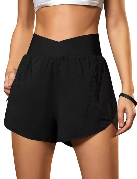 Blooming Jelly Women's Workout Shorts Athletic Running Crossover High Waisted Gym Sport Yoga Shorts with Zipper Pockets (Black with Yellow,Small)