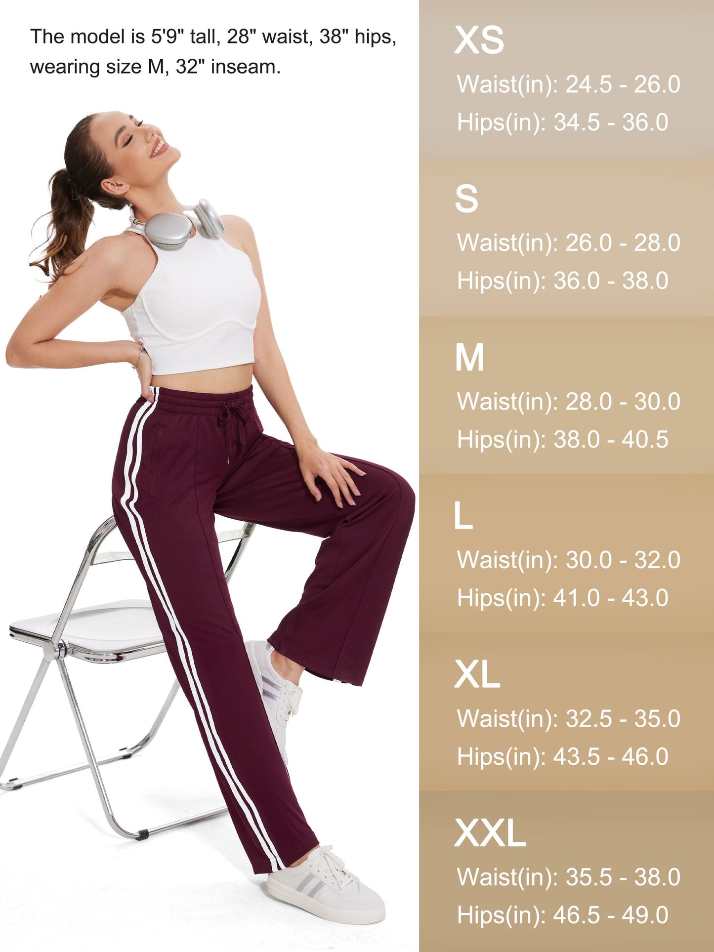 Tapata Extra Tall Woman 36" Inseam Stripes Sweat Pant High Waisted Drawstring Gym Exercise Lounge Joggers, Burgundy, XL