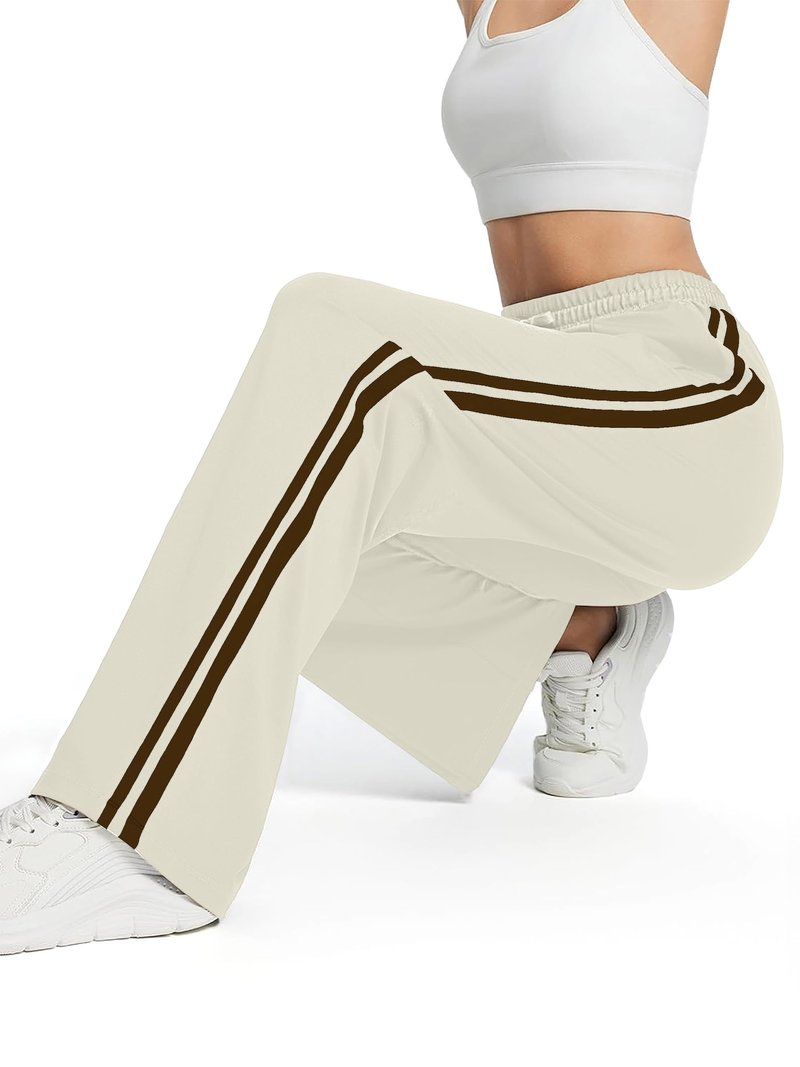 Tapata Regular Women's 30" Inseam Casual Pants Track Athletic Sweatpants Warm Up Loose Side Stripe Street Slacks, Beige, M