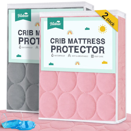Skiennix Crib Mattress Protector Sheets - Waterproof Quilted Pad Cover for Baby & Toddler Beds | Grey & Pink, 52” x 28”