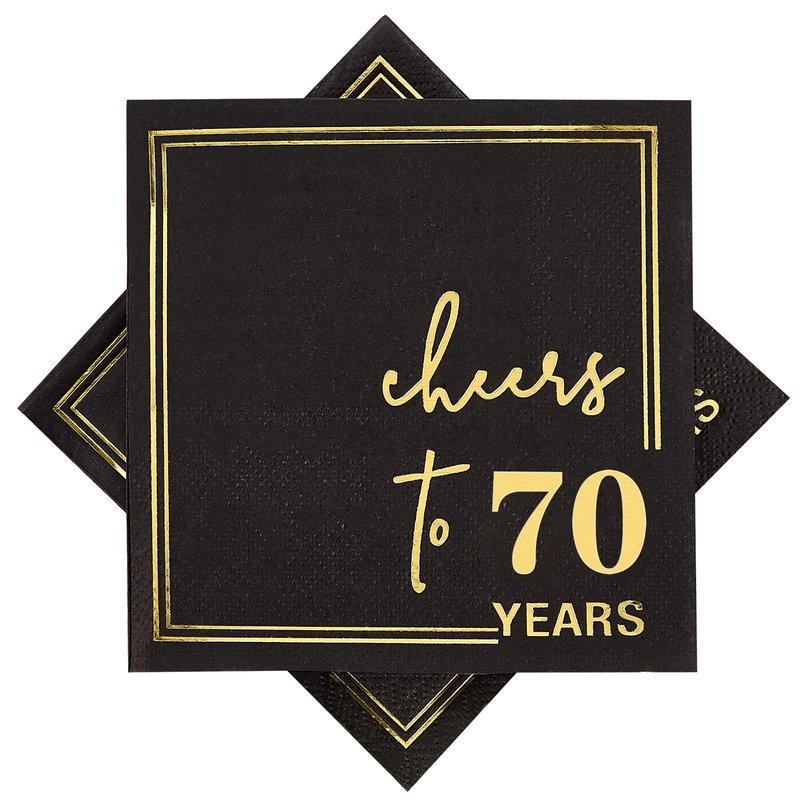 Ottin Black Cheers to 70 Years Cocktail Napkins, 5x5 Inches, 50 Counts, 3-Ply Disposable Party Napkins for 70th Birthdays Decorations, Anniversaries, Weddings, Indoor & Outdoor Celebrations, Gold Foil