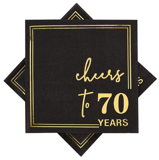 Ottin Black Cheers to 70 Years Cocktail Napkins, 5x5 Inches, 50 Counts, 3-Ply Disposable Party Napkins for 70th Birthdays Decorations, Anniversaries, Weddings, Indoor & Outdoor Celebrations, Gold Foil
