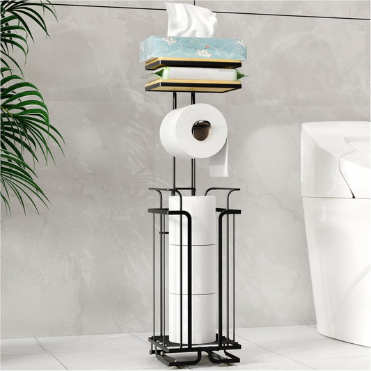 Skiennix Free Standing Toilet Paper Holder - Rustproof Metal Stand with Shelf for 4 Rolls | Black