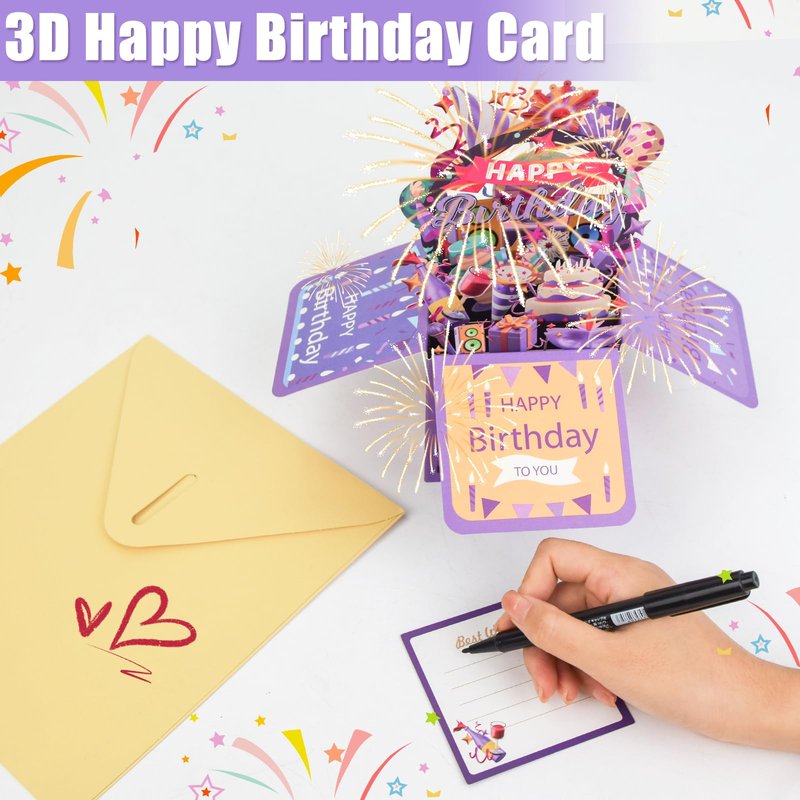 Surprise Pop Up Happy Birthday Cards, Lovely 3D Birthday Card for Adults and Kids with Envelopes, Unique Design Handmade Foldable Greeting Cards for Daughter, Son, Mom, Dad, Friend（Deep Purple）