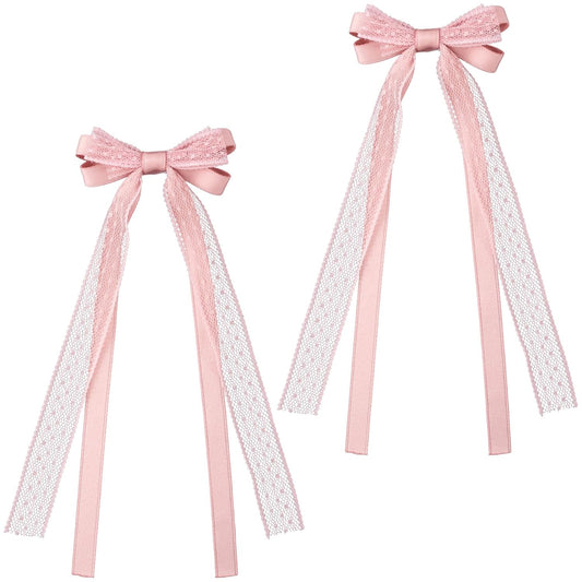 Skiennix Pink Lace Hair Bows - Cute Coquette Bow Clips with Long Tail Ribbons for Women | Perfect for Weddings & Special Occasions