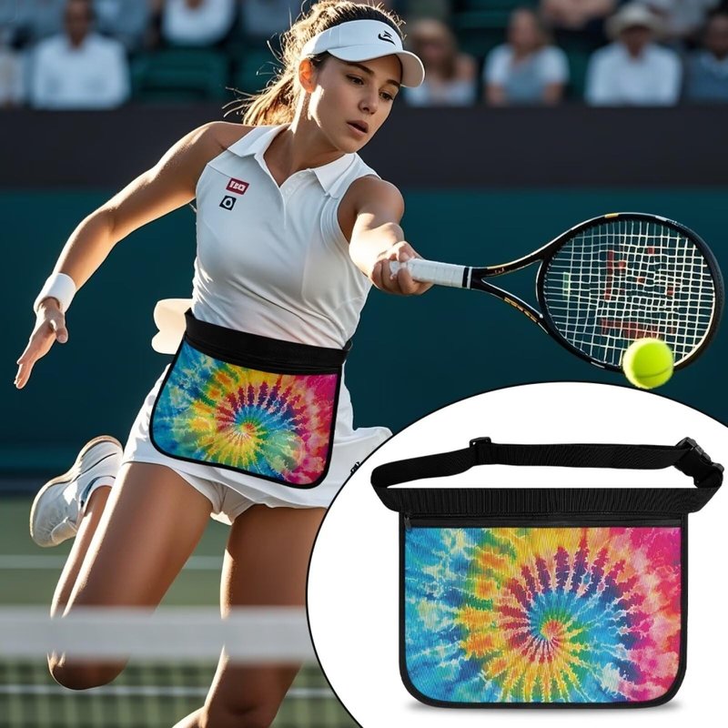 Kathyboom Tennis Ball Holder Rainbow Tie Dye Pickleball Waist Bag with No-Slip Belt, Holds 8-10 Balls for Pickleball, Golf, Running, Hands-Free