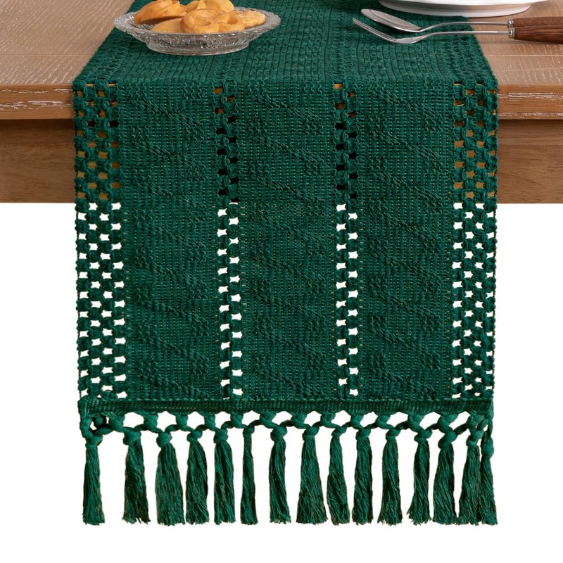 Socomi Boho Table Runner Summer Farmhouse Rustic Dining Kitchen Centerpiece Decor Small Macrame Woven Cotton Linen Coffee Table Runner for Dresser Scarf Home Decor 12x48 inch Emerald Green