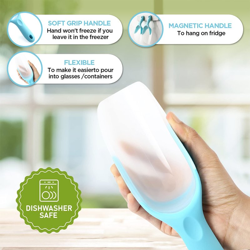 Spring Chef Magnetic Ice Scoop for Freezer, Translucent BPA-Free Flexi-Plastic Ice Scooper with Soft Grip Handle, Kitchen Food Scoop for Popcorn, Pet Food, Flour, Grains - Dishwasher Safe - Aqua Sky