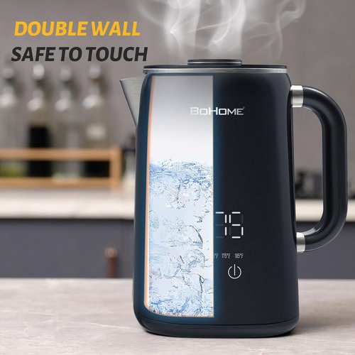 BOHOME Electric Kettle, 1.7L/1200W, Stainless Steel, Adjustable Temperature, Memory Function, Auto Shut-Off, Boil Dry Protection, SUS304