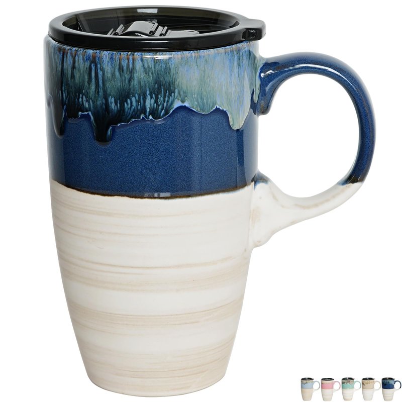Bosmarlin Ceramic Travel Coffeel Mug with Handle and Lid, 18 oz, Portable Coffee Cup for Car Cup Holder, Microwave and Dishwasher Safe, Reactive Glaze (Deep Blue)